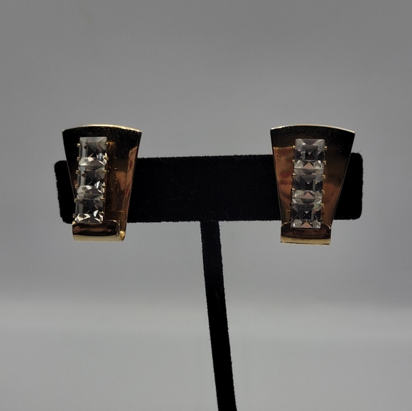 Vintage goldtone art deco clip on CZ earrings - Picture 3 of 8